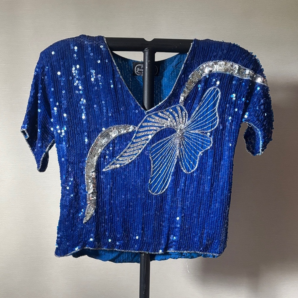 Blue Sequin Embellished Crop Blouse